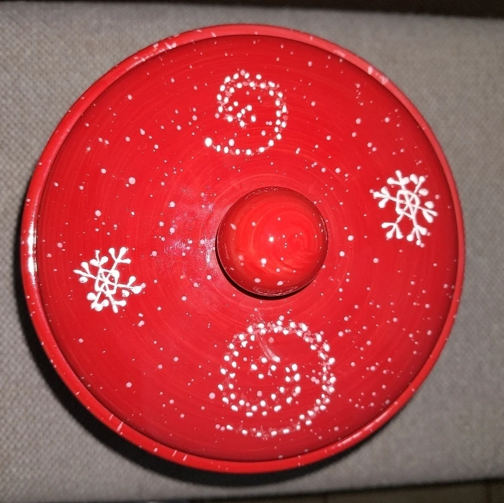 A Crofton red holiday cookie jar. It's pre-owned. Cheerful and festive.